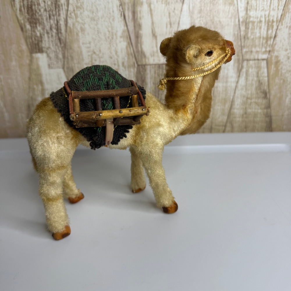 Vintage Camel Figurine‎ Mohair Fur Wood Saddle Decorative Animal Tan Brown 7in